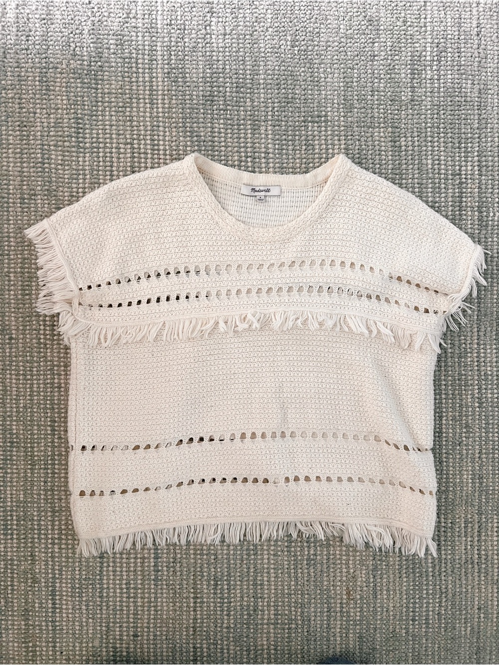 Madewell Cream Crochet Fringe Short Sleeve Top